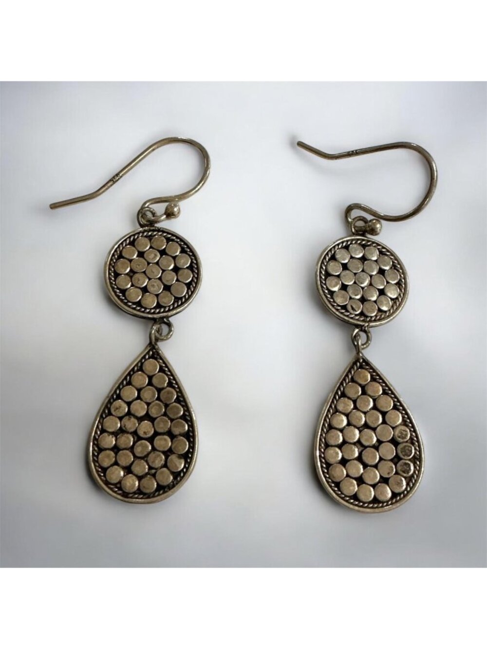 Vintage Sterling  Silver Teardrop Dangle Earrings Dot Design